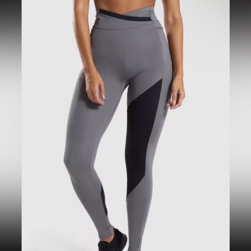 Gymshark Asymmetrical Gray Black Leggings Medium Booty Contour Colorblock Pants - Picture 2 of 10